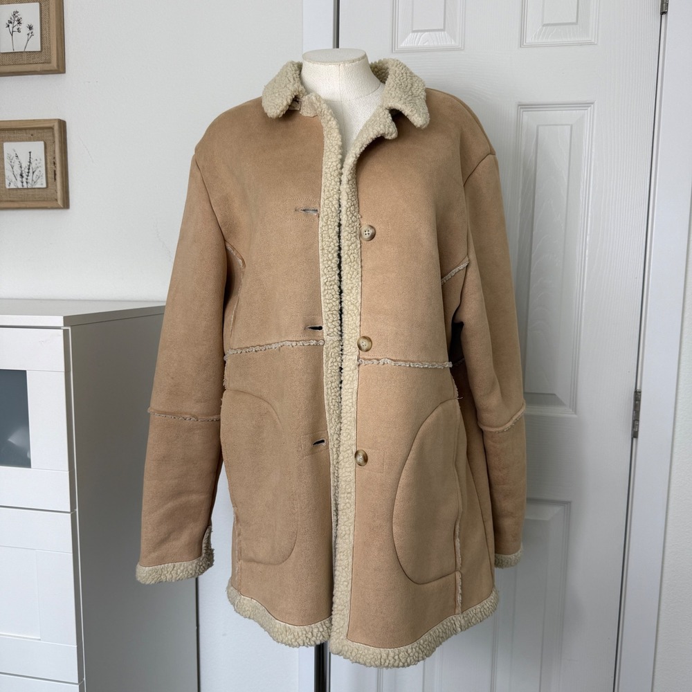 Faux Suede Sherpa Tan Coat Y2K Penny Lane Western Boho Long Jacket Womens Large